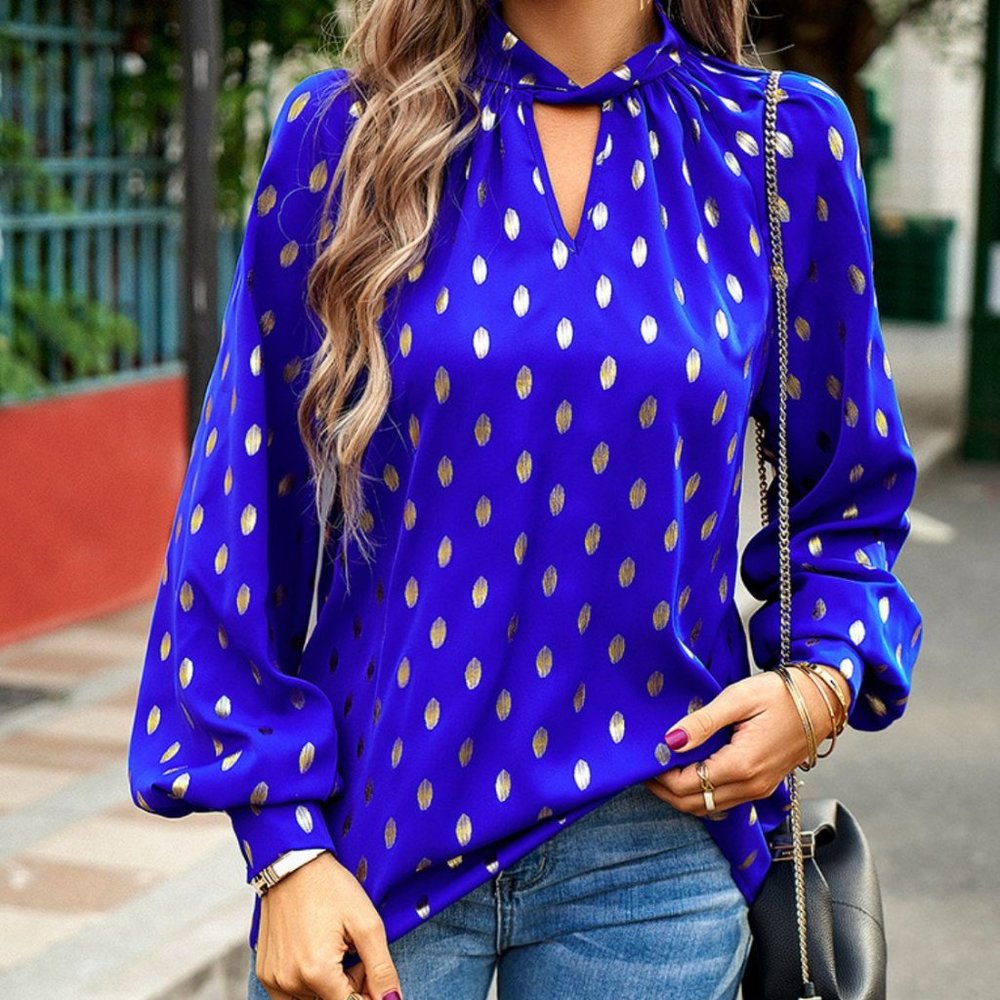 Mock Neck Cutout Lantern Sleeve Blouse - Royal Blue